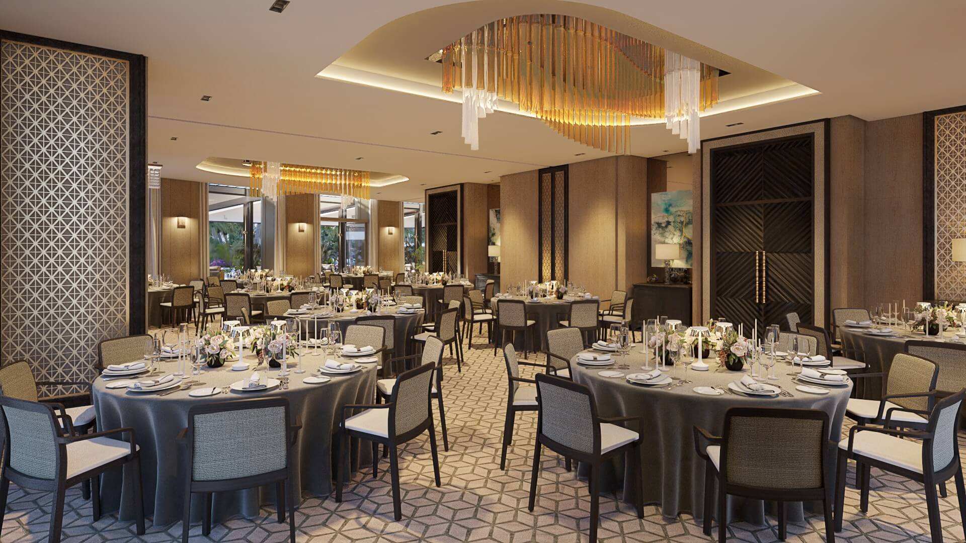 Grand event space featuring circular dining arrangements, patterned carpeting, and warm ambient lighting.