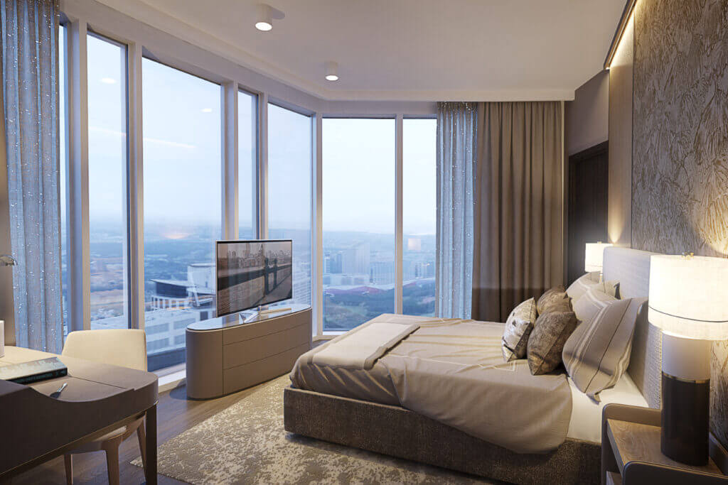 Signature bedroom featuring upholstered bed, neutral decor, and large windows overlooking the city skyline.