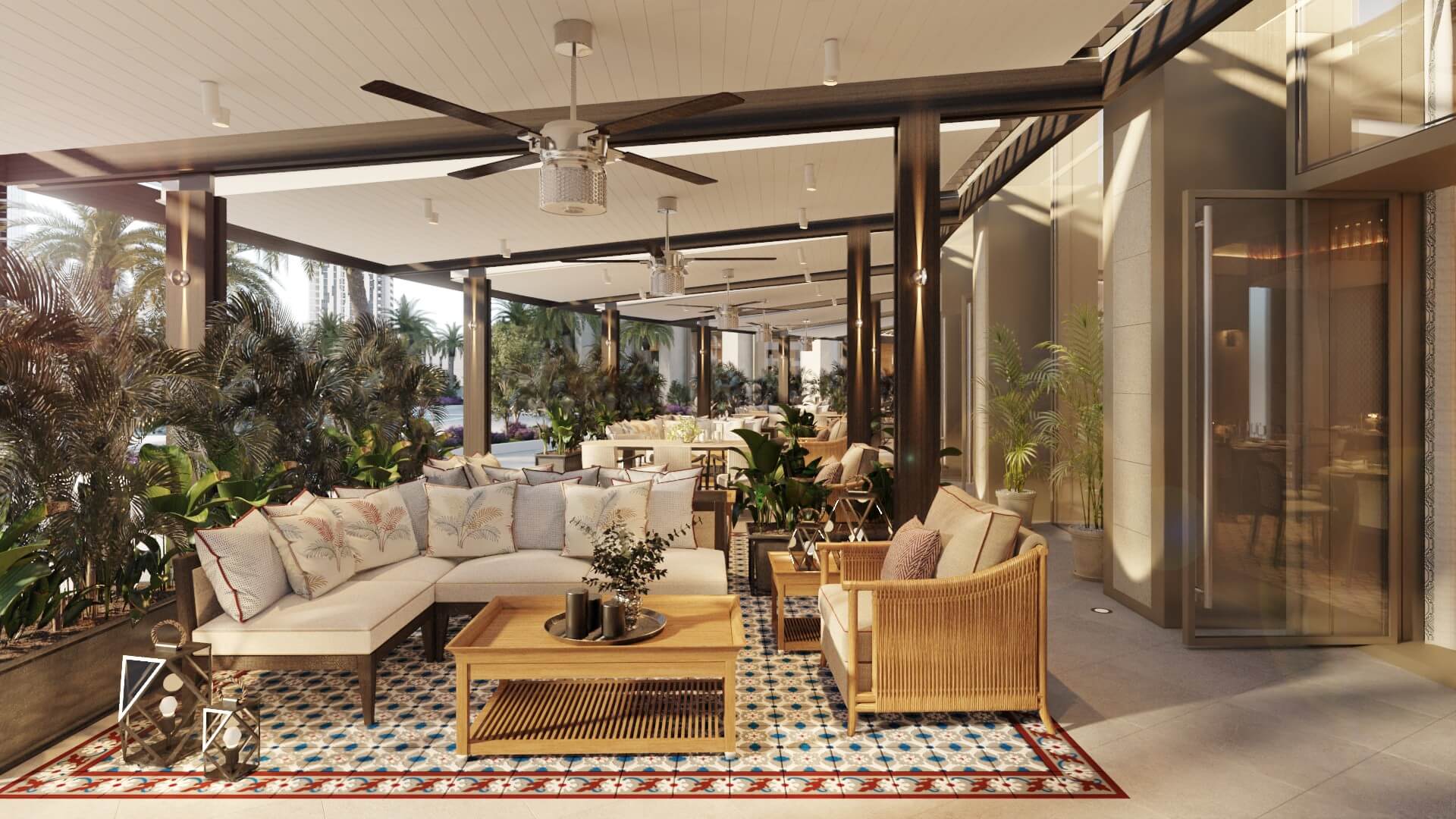 Visualization of an alfresco dining and lounge area under a covered pergola, featuring comfortable seating, a dining table, and green plants.
