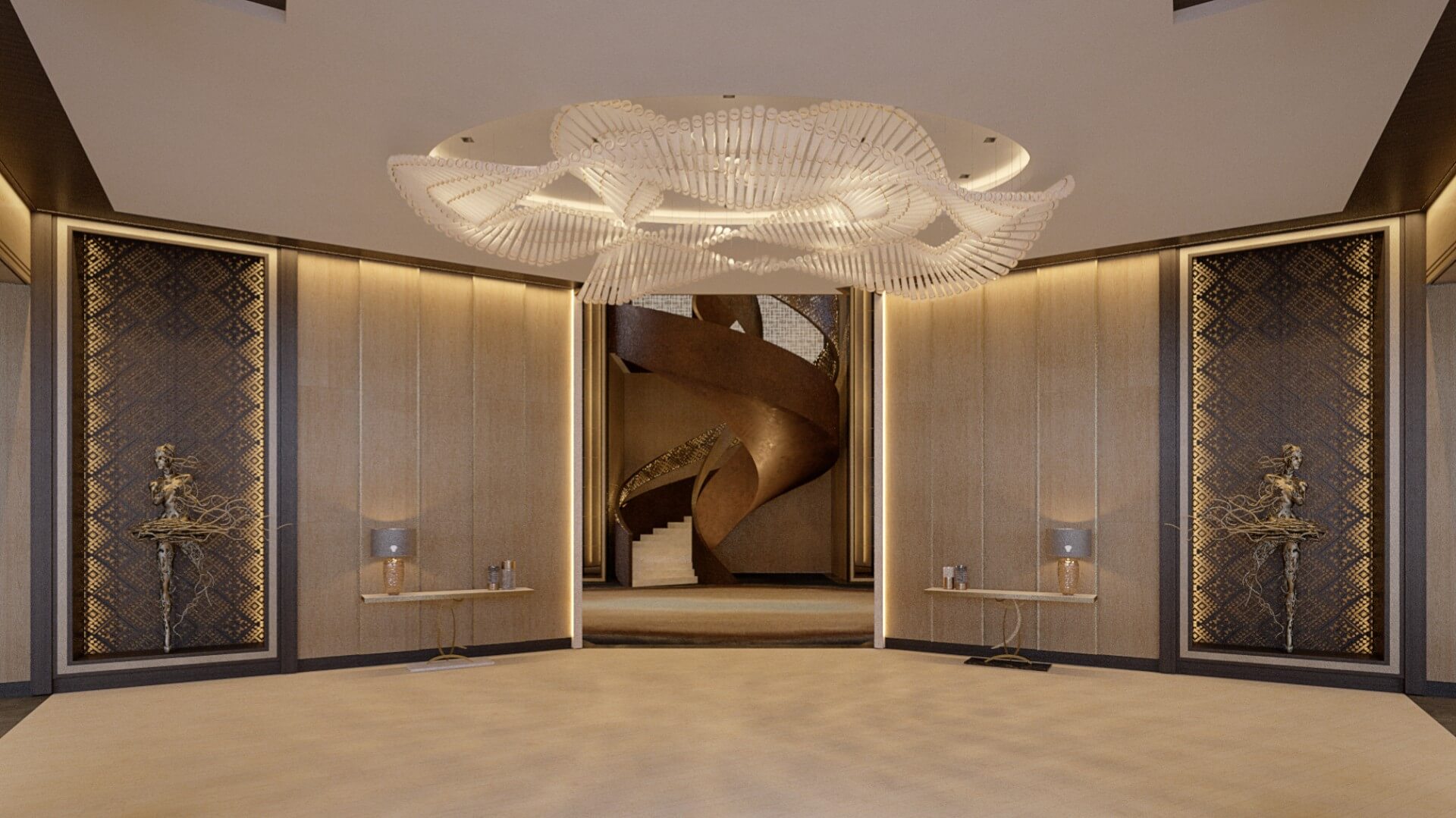 Interior visualization of a grand foyer featuring a high ceiling, polished floors, and a dramatic, sculptural lighting fixture above an elevator bank.