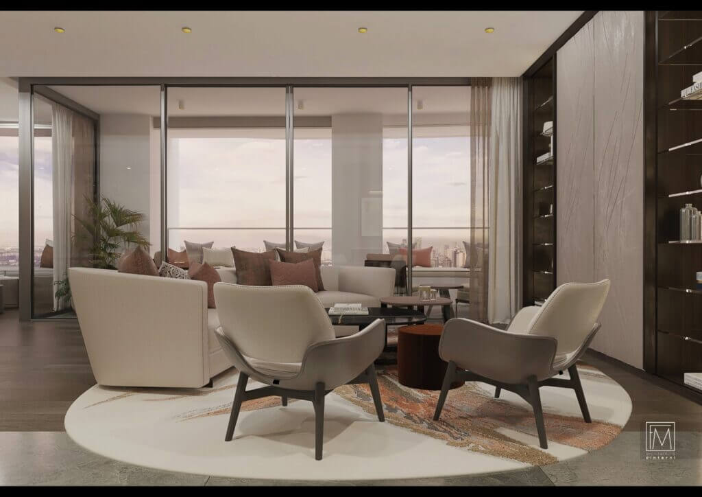 Elegant lounge area with upholstered seating and large windows overlooking urban landscape at dusk.