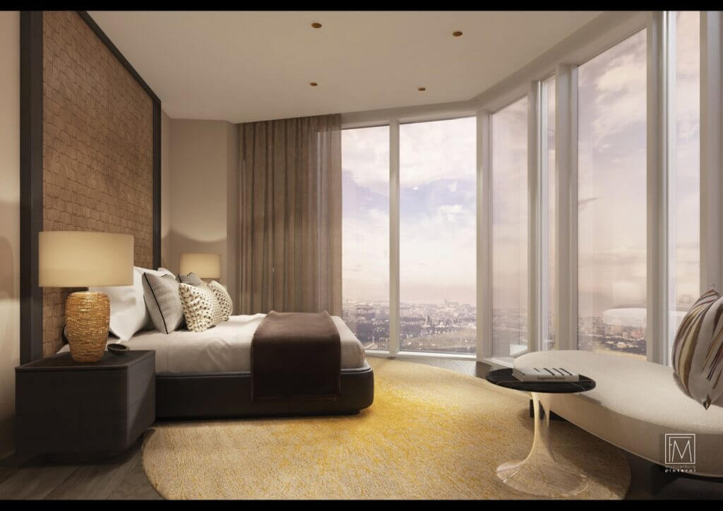 Luxury bedroom featuring dark wood platform bed, warm ambient lighting, and large windows with sunset city views.