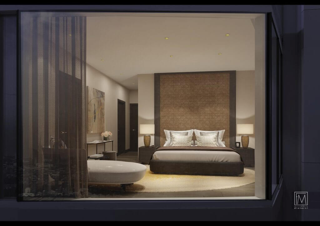 Master suite with tall wood-paneled headboard, integrated bedside lighting, and plush area rug.