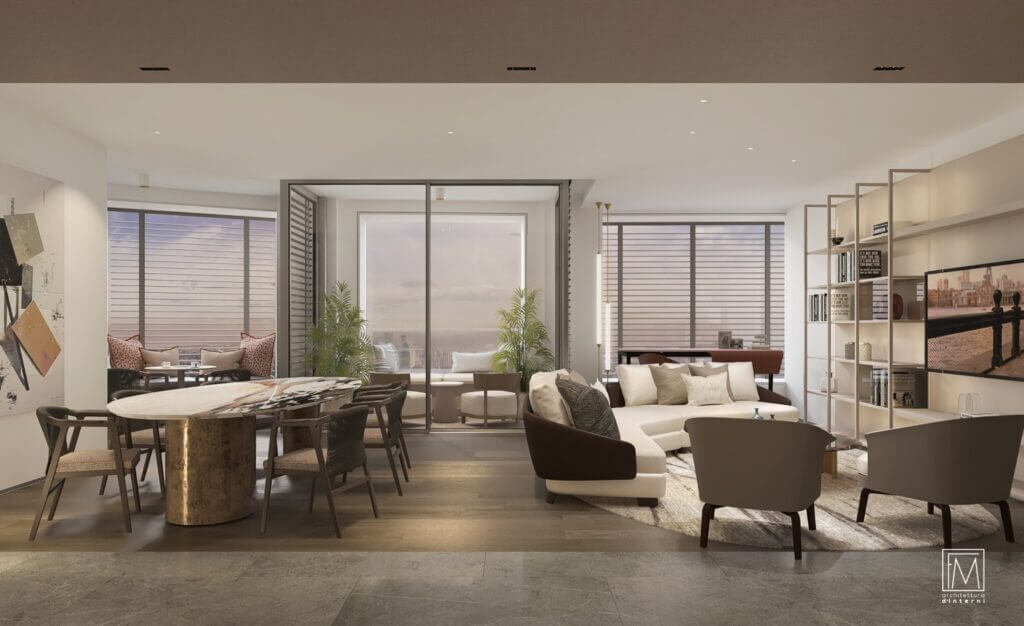 Interior visualization of an open-plan living and dining area in an apartment, with floor-to-ceiling windows and modern furniture.