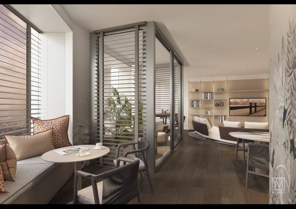 Elegant transitional space with dark wood flooring, glass-enclosed indoor garden, and built-in shelving.