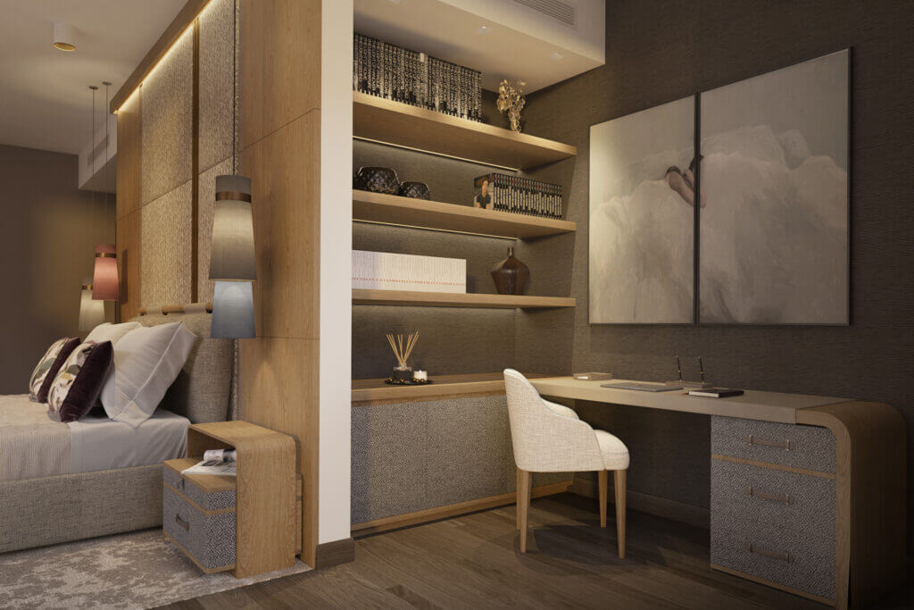 Modern master bedroom with a large bed, textured headboard, stylish pendant lights, built-in desk with shelves, and abstract wall art.
