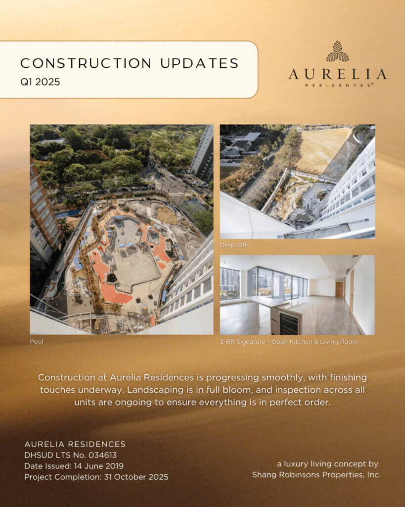 Construction update collage for Aurelia Q1 2025 featuring aerial site views and interior progress shots on a gold background.