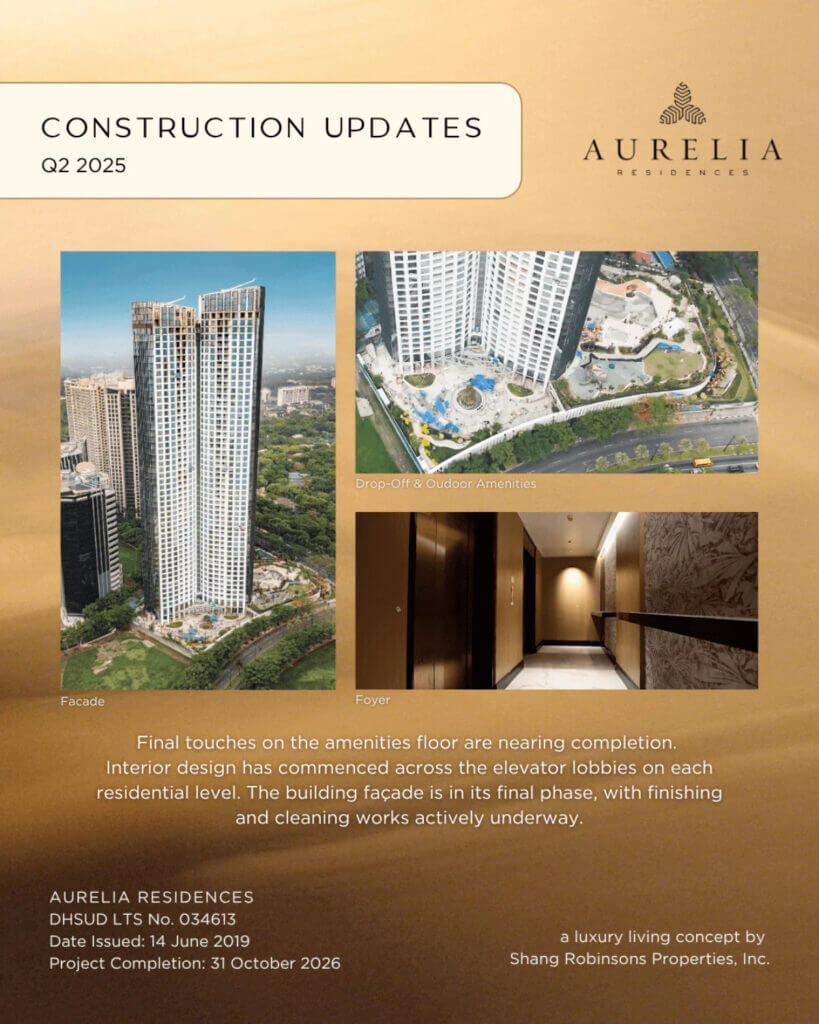 Construction update collage for Aurelia Residences Q2 showcasing exterior tower progress and finished luxury interior samples.