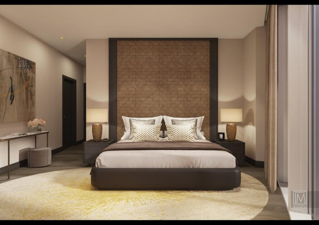 A luxurious modern bedroom with a dark bed, textured brown headboard, bedside lamps, a round yellow rug, and abstract art, all in warm tones.