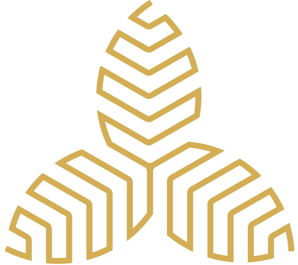 Geometric gold logo consisting of three interlocking hexagonal chevron patterns arranged in a triangular formation.