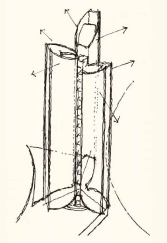 Rough architectural sketch of a curved skyscraper facade showing vertical structural lines and design orientation.