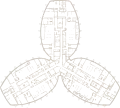 Symmetric three-winged architectural floorplan layout with central core and detailed interior room partitioning.